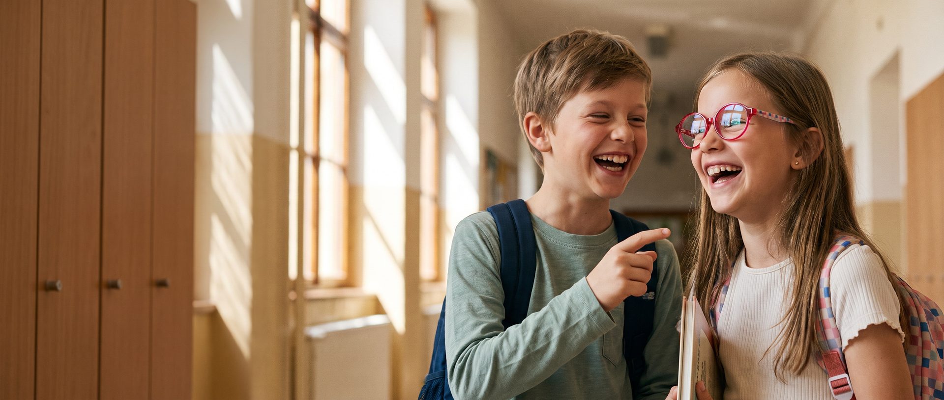 Two children in a school corridor, the girl wearing Mr. Wonderful kids’ frames